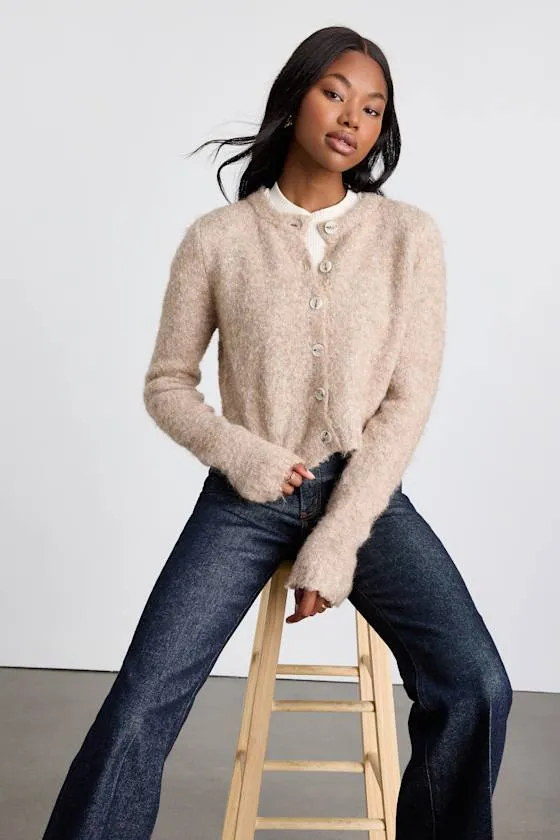 Lovette Beige Boucle Button-Front Cropped Cardigan Sweater sold by Lulus