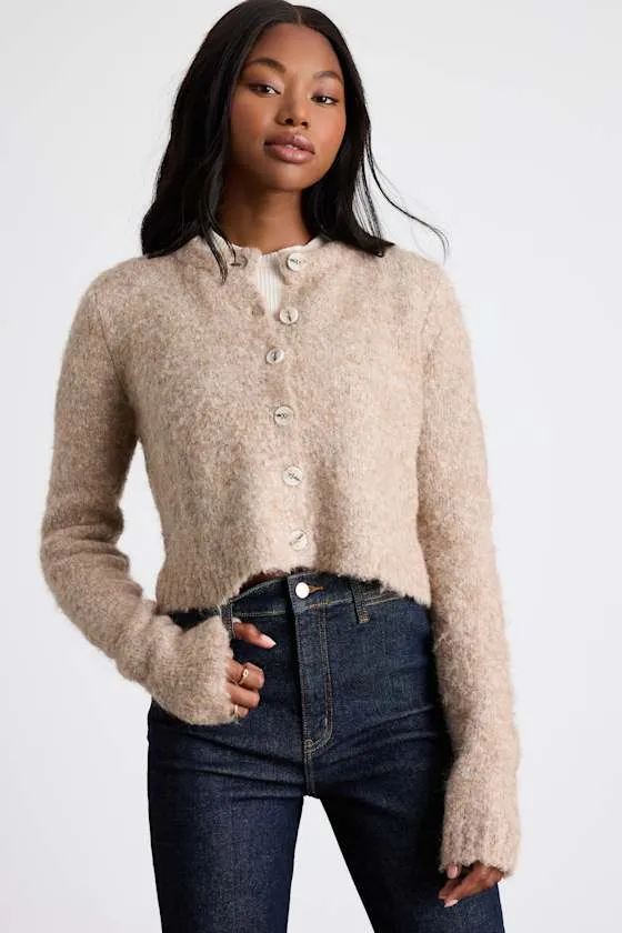 Lovette Beige Boucle Button-Front Cropped Cardigan Sweater sold by Lulus product image thumbnail 4
