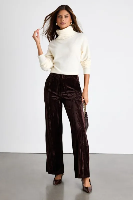 Tuley Dark Brown Crushed Velvet Wide-Leg Pants sold by Lulus