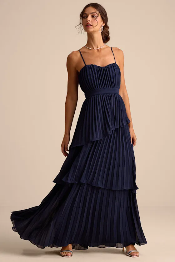 Jehona Navy Blue Pleated Tiered Maxi Dress sold by Lulus