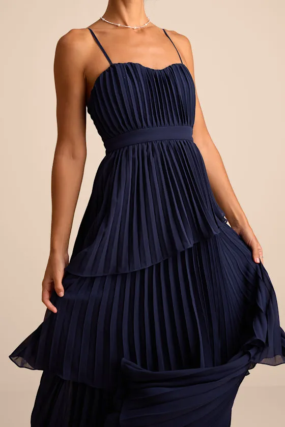 Jehona Navy Blue Pleated Tiered Maxi Dress sold by Lulus product image thumbnail 2