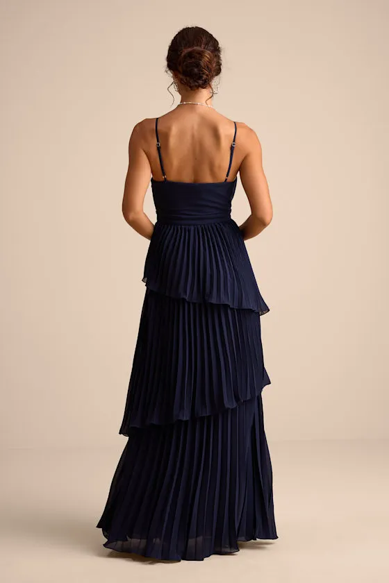 Jehona Navy Blue Pleated Tiered Maxi Dress sold by Lulus product image thumbnail 3