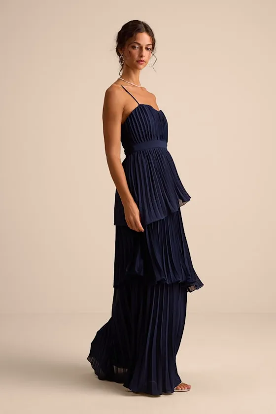 Jehona Navy Blue Pleated Tiered Maxi Dress sold by Lulus product image thumbnail 4