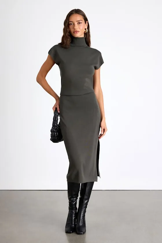 Ashford Grey Turtleneck Short Sleeve Sweater Midi Dress sold by Lulus