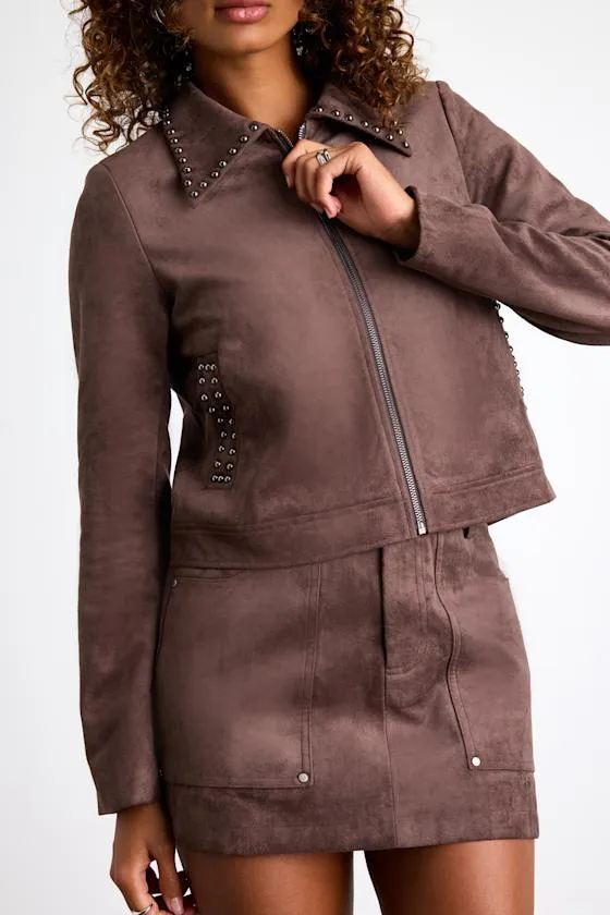 Nilza Chocolate Brown Suede Studded Jacket sold by Lulus