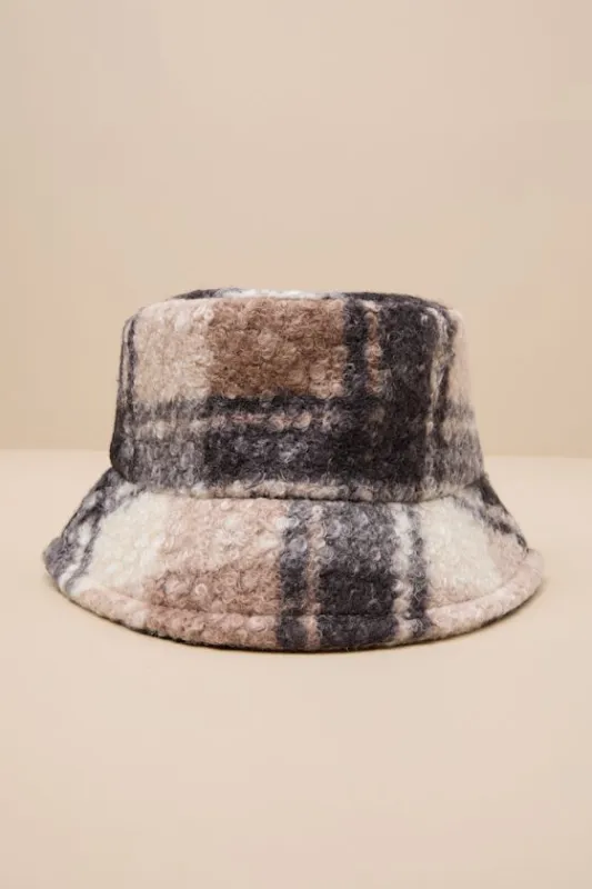 Harten Brown and Black Plaid Teddy Bucket Hat sold by Lulus