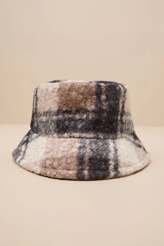 Harten Brown and Black Plaid Teddy Bucket Hat sold by Lulus