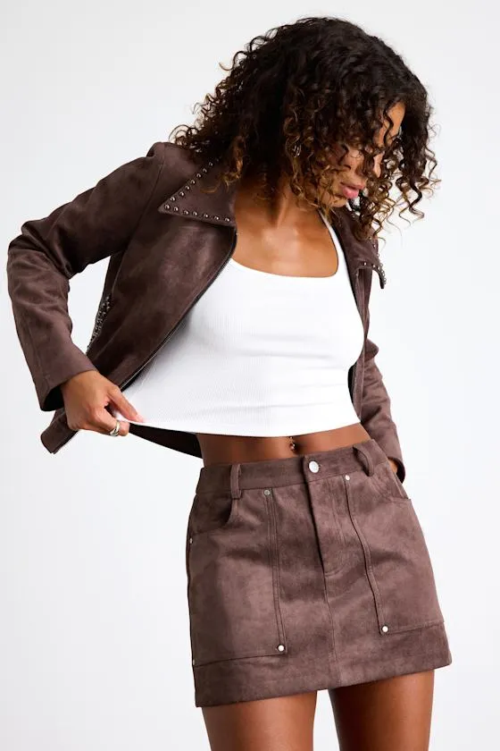 Nilza Chocolate Brown Suede Mid-Rise Mini Skirt sold by Lulus