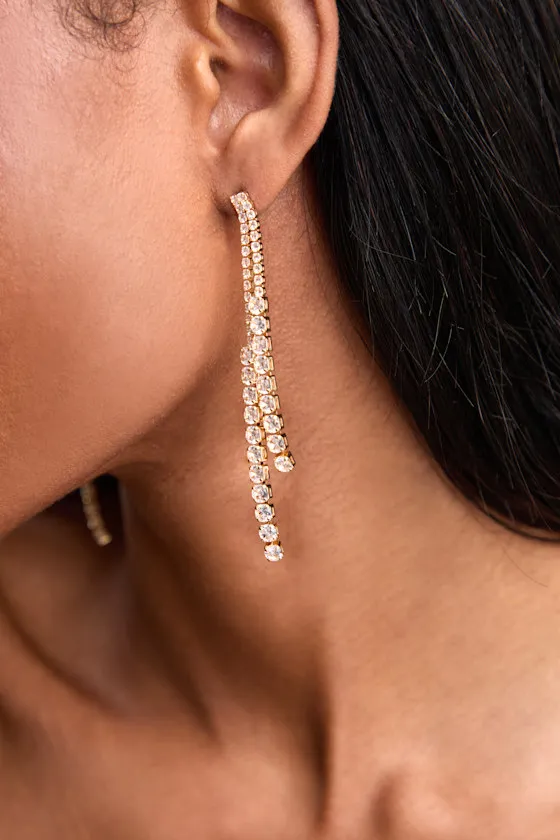 Jamille Gold Rhinestone Drop Earrings sold by Lulus