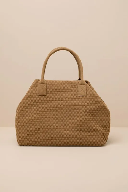 Big Time Moves Tan Suede Woven Oversized Tote Bag sold by Lulus