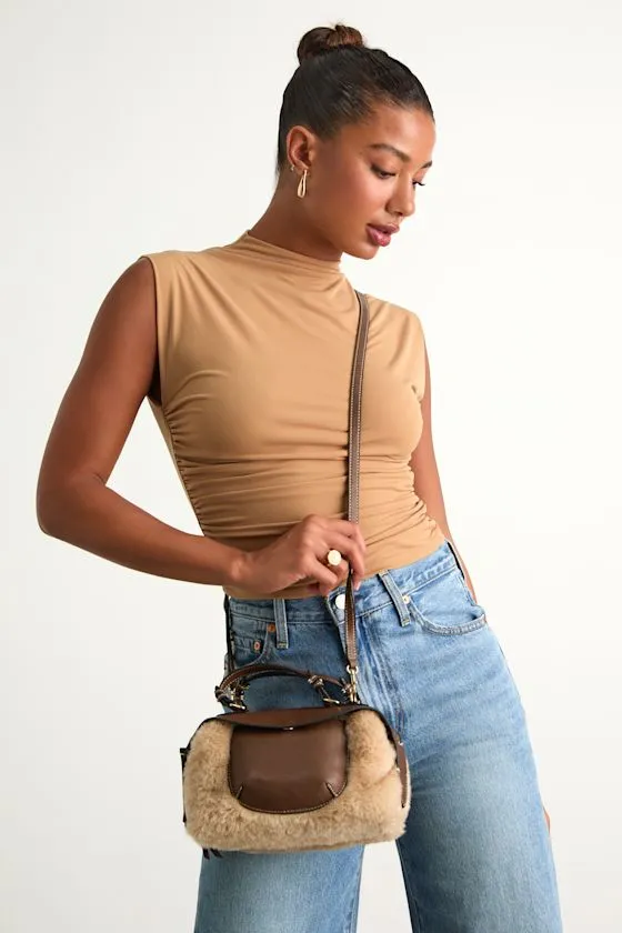 Luna Brown Multi Faux Fur and Vegan Leather Handbag sold by Lulus