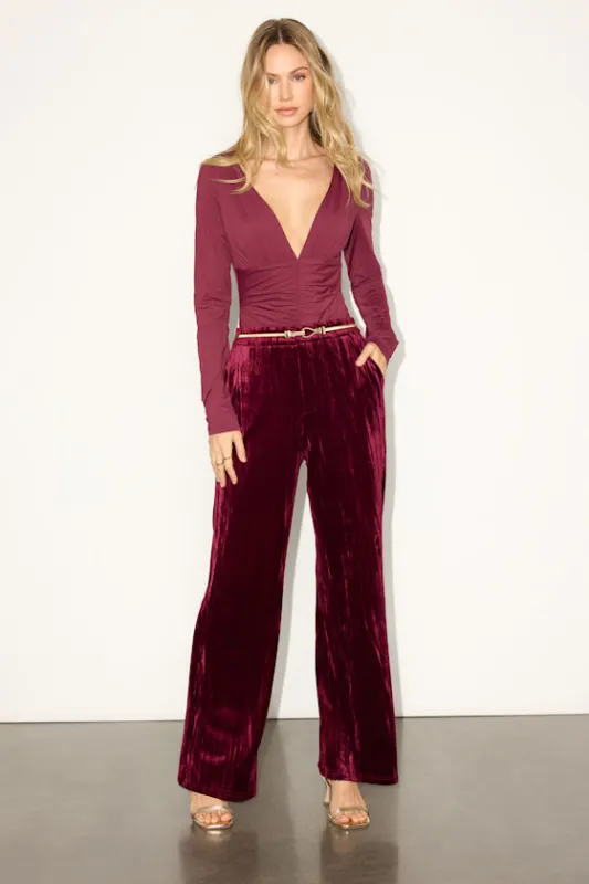 Tuley Dark Red Crushed Velvet Wide-Leg Pants sold by Lulus
