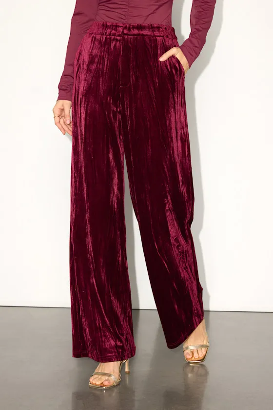 Tuley Dark Red Crushed Velvet Wide-Leg Pants sold by Lulus product image thumbnail 2