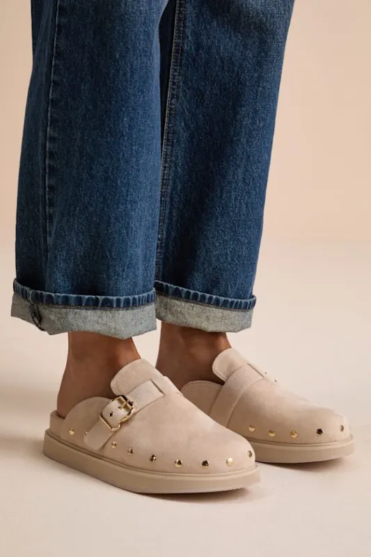 Tripoli Sand Suede Studded Slide-On Clogs sold by Lulus
