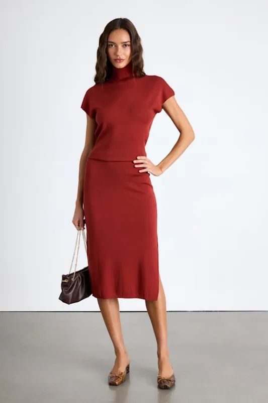 Ashford Rust Red Turtleneck Short Sleeve Sweater Midi Dress sold by Lulus