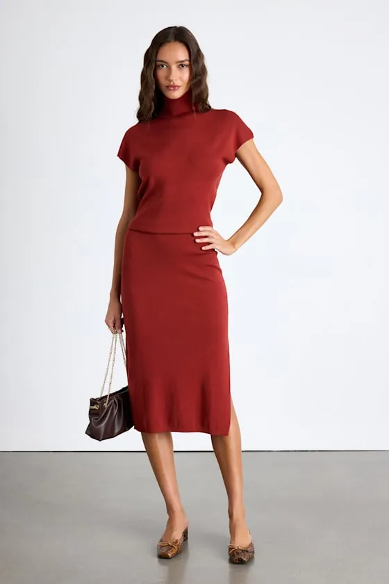 Ashford Rust Red Turtleneck Short Sleeve Sweater Midi Dress sold by Lulus