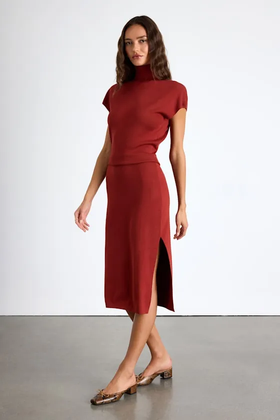 Ashford Rust Red Turtleneck Short Sleeve Sweater Midi Dress sold by Lulus product image thumbnail 4