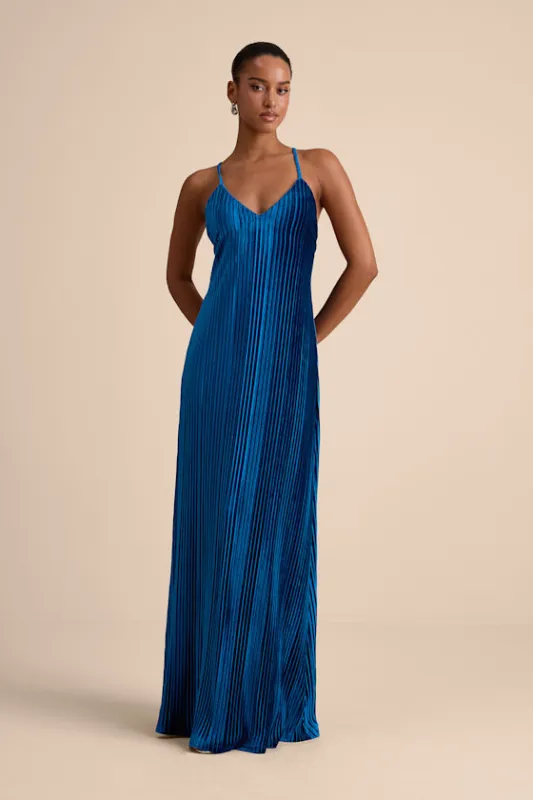 Kauri Dark Teal Blue Velvet Pleated Backless Maxi Dress sold by Lulus