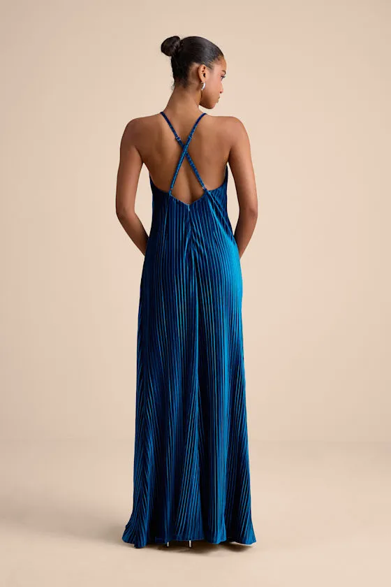 Kauri Dark Teal Blue Velvet Pleated Backless Maxi Dress sold by Lulus product image thumbnail 3