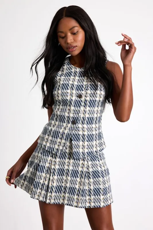 Harlaw Navy Multi Plaid Tweed Mid-Rise Skort sold by Lulus