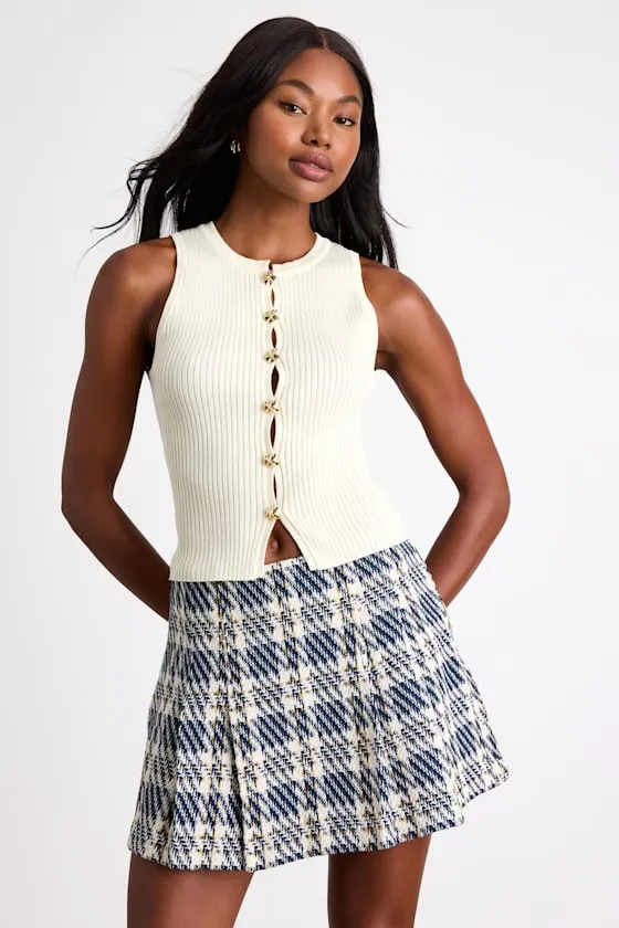Harlaw Navy Multi Plaid Tweed Mid-Rise Skort sold by Lulus product image thumbnail 3