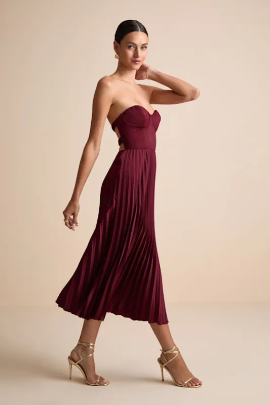 Irelyn Burgundy Satin Bustier Midi Dress sold by Lulus