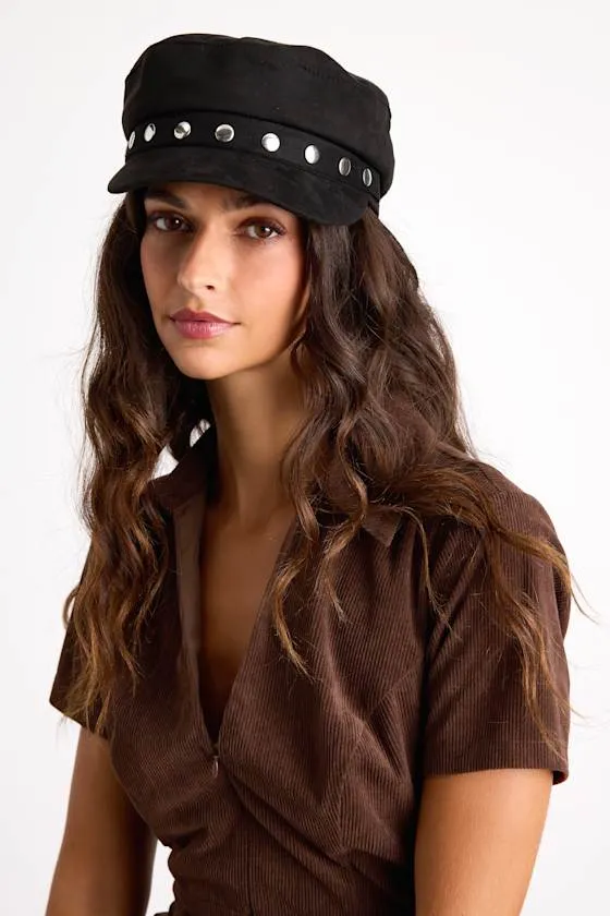 Wilfreda Black Suede Studded Cabbie Hat sold by Lulus