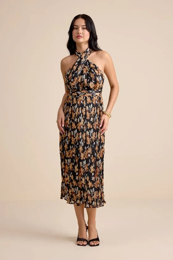 Gardena Black Floral Pleated Cross-Front Halter Midi Dress sold by Lulus