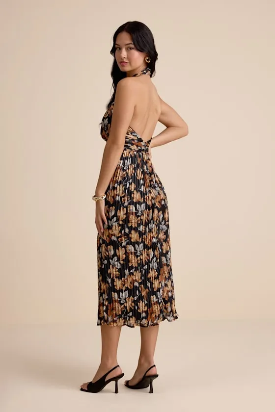 Gardena Black Floral Pleated Cross-Front Halter Midi Dress sold by Lulus product image thumbnail 3