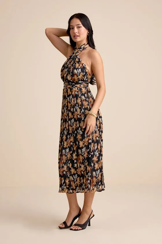 Gardena Black Floral Pleated Cross-Front Halter Midi Dress sold by Lulus product image thumbnail 4