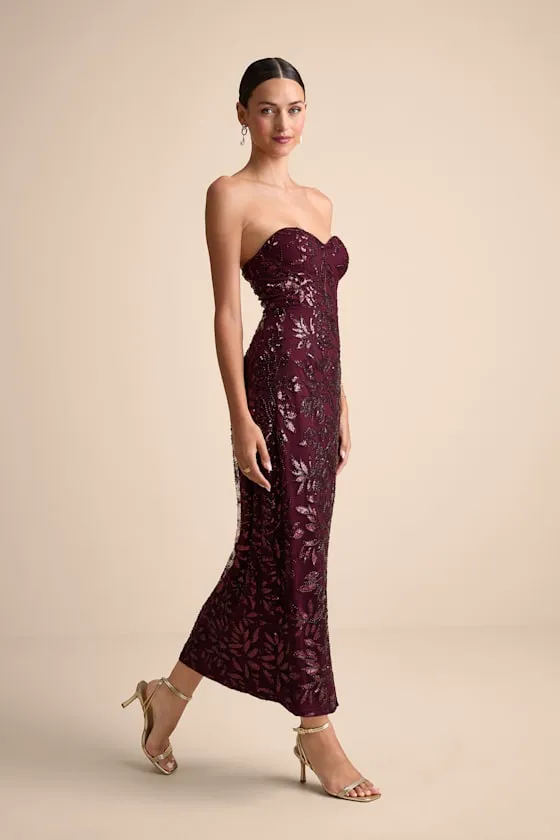 Beyza Burgundy Sequin Beaded Strapless Midi Dress sold by Lulus product image thumbnail 2
