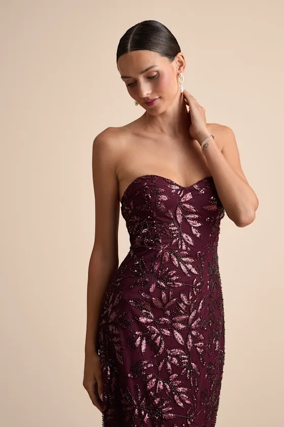 Beyza Burgundy Sequin Beaded Strapless Midi Dress sold by Lulus product image thumbnail 3