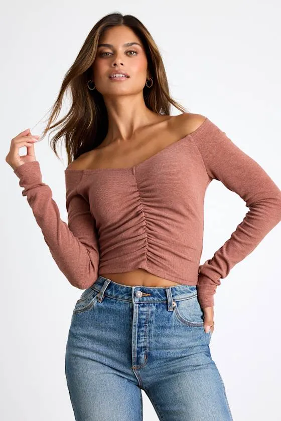 Elidah Heathered Mauve Knit Ruched Long Sleeve Crop Top sold by Lulus