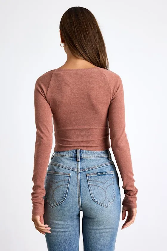 Elidah Heathered Mauve Knit Ruched Long Sleeve Crop Top sold by Lulus product image thumbnail 2