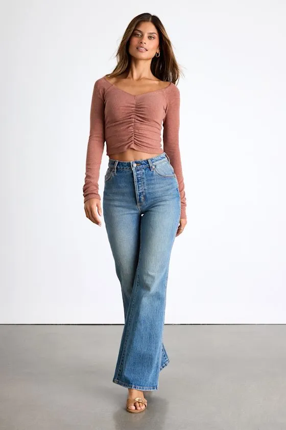 Elidah Heathered Mauve Knit Ruched Long Sleeve Crop Top sold by Lulus product image thumbnail 3