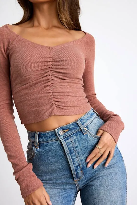 Elidah Heathered Mauve Knit Ruched Long Sleeve Crop Top sold by Lulus product image thumbnail 4