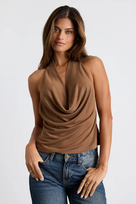 Zazie Light Brown Cowl Neck Braided Backless Tank Top sold by Lulus