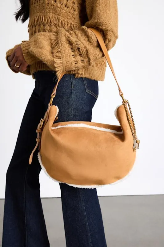 Cozie Tan Suede Faux Fur Shoulder Bag sold by Lulus