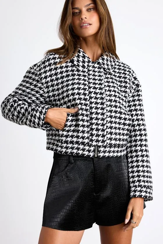Bexlee Black and White Houndstooth Cropped Bomber Jacket sold by Lulus