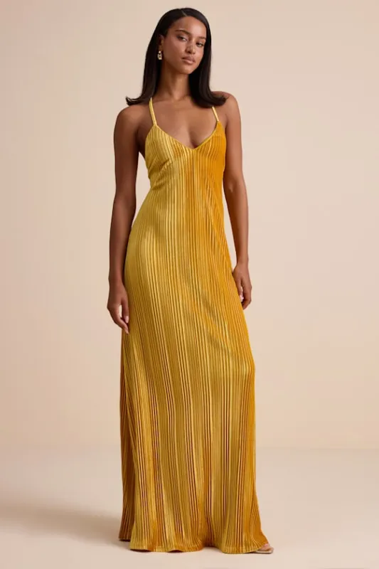 Kauri Golden Yellow Velvet Pleated Backless Maxi Dress sold by Lulus