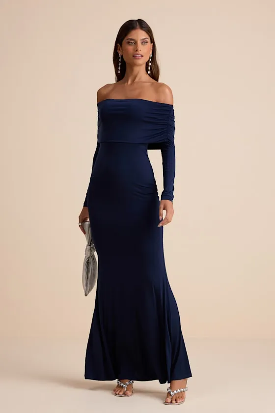 Effortlessly Stunning Navy Off-the-Shoulder Maxi Dress sold by Lulus