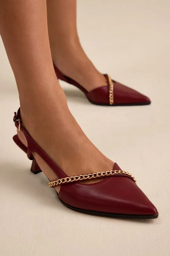 Ketra Wine Red Chain Kitten Heel Slingback Pumps sold by Lulus product image thumbnail 3