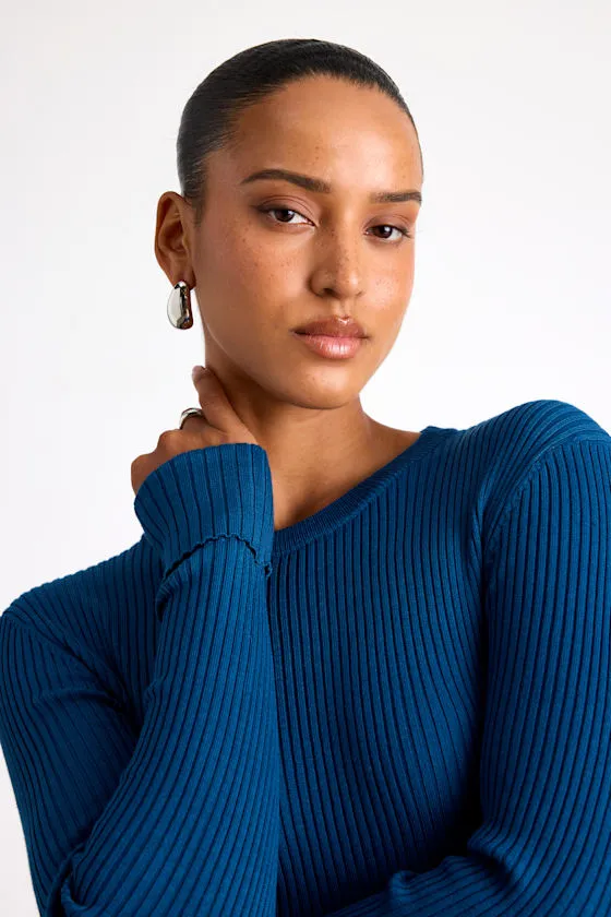 Karlee Dark Teal Blue Ribbed Knit Long Sleeve Sweater Top sold by Lulus product image thumbnail 4
