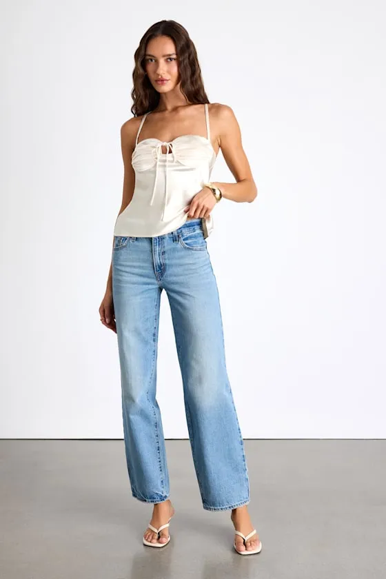 Baggy Dad Medium Blue Cotton Denim Mid-Rise Wide-Leg Jeans sold by Lulus