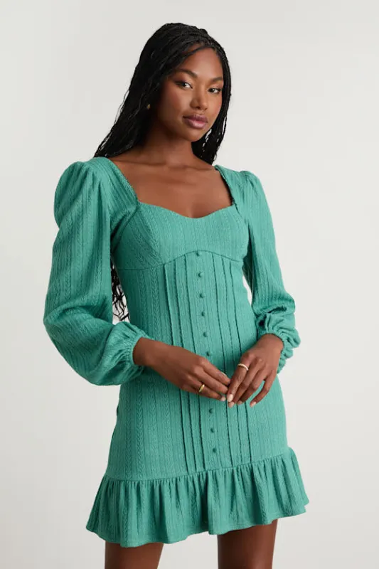 Coveted Sweetness Teal Pointelle Knit Long Sleeve Mini Dress sold by Lulus