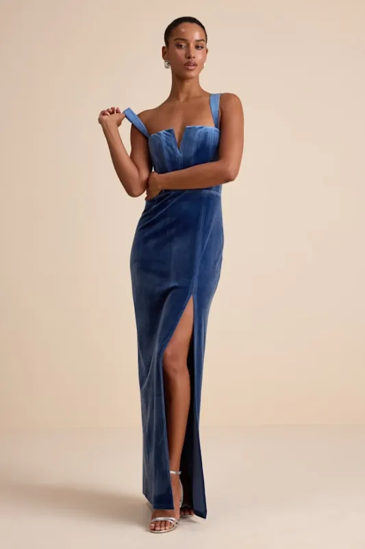 Pristine Luxury Blue Velvet Bustier Maxi Dress sold by Lulus