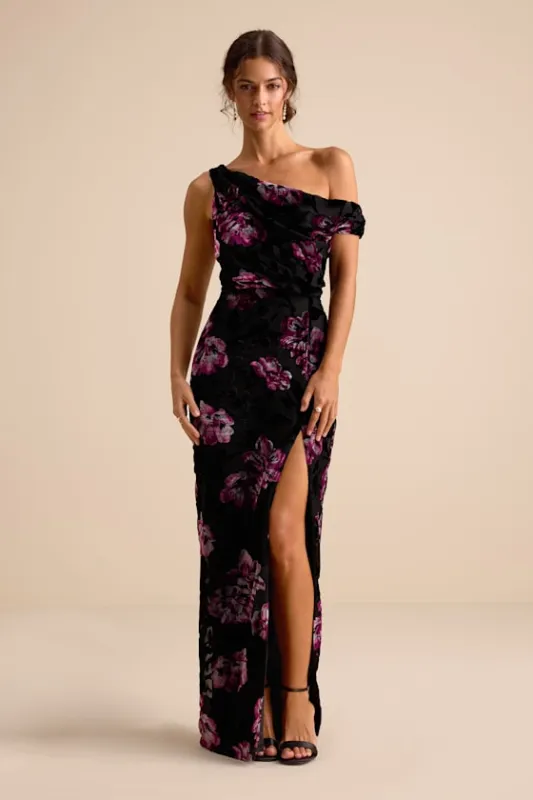 Marnella Black Floral Velvet Burnout Asymmetrical Maxi Dress sold by Lulus