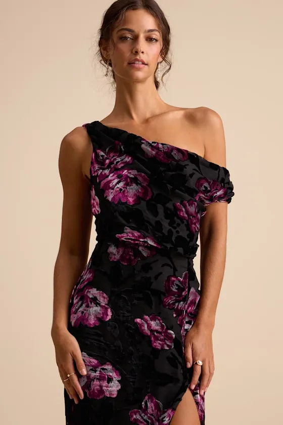 Marnella Black Floral Velvet Burnout Asymmetrical Maxi Dress sold by Lulus product image thumbnail 2