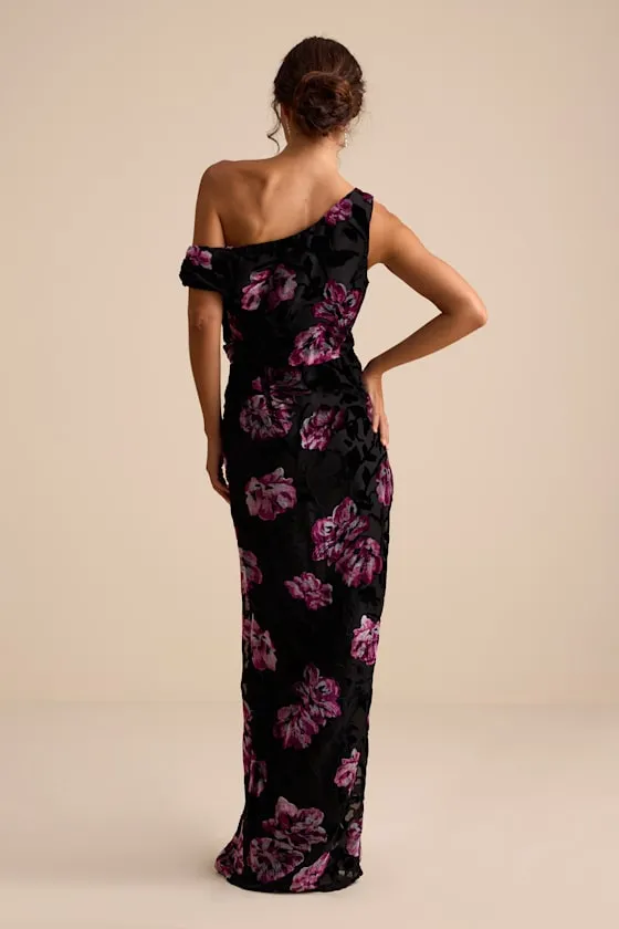 Marnella Black Floral Velvet Burnout Asymmetrical Maxi Dress sold by Lulus product image thumbnail 3