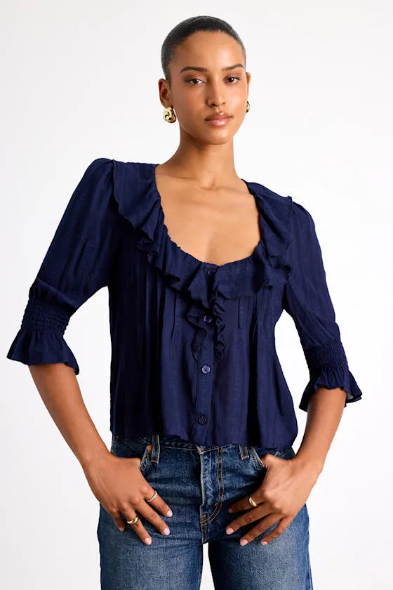 Hermione Navy Ruffled Button-Front Top sold by Lulus